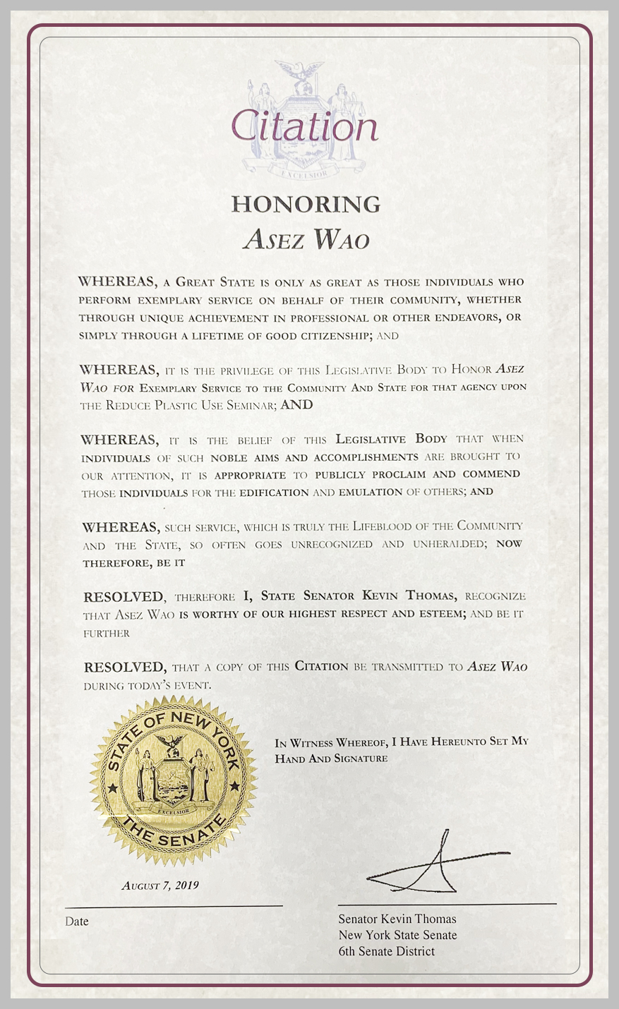 ASEZ WAO 미국 뉴욕주 상원의원 표창장