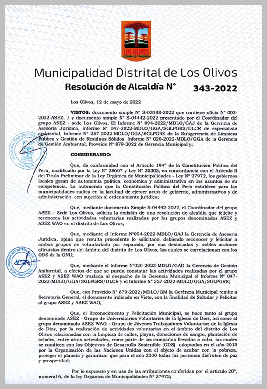 로스올리보스구청장 감사장(ASEZ WAO)